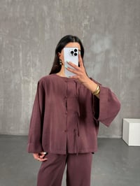 Mürdüm Yaka Düğmeli Gömlek Beli Lastikli Pantolon Tensel Takım Gaus00238GausTAKIMGU1001551