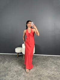 Nar Çiçeği Boyundan Bağlamalı Puantiyeli ElbiseGausELBİSEGU007940