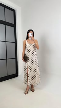 Taş Kahve Puantiyeli Askılı Yırtmaçlı Keten Elbise Gaus00402GausELBİSEGU1001942