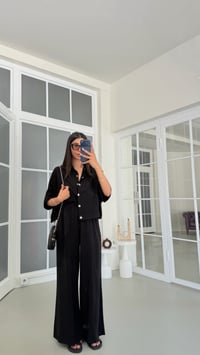 Siyah Yarasa Kol Gömlek Beli Lastikli Pantolon Tencel Denim Takım GAUS-01785GAUSTAKIMGAUS-01785