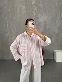 Pembe Çizgili Oversize Keten Gömlek Gaus00017GausGÖMLEKGU1001021
