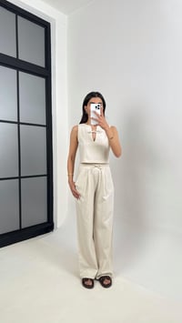 Taş Yaka Bağlama Detaylı Üst Beli Lastikli Cepli Pantolon ZR Muadil Keten Takım Gaus00398GausTAKIMGU1001933