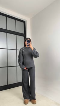 Antrasit İnci İşleme Detaylı Kazak Pantolon Selanik Triko Takım GAUS-01069GAUSTAKIMGAUS-01069