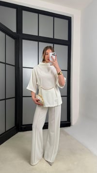 Ekru Zincir Detaylı Bluz Beli Lastikli Pantolon İkili Premium Takım GAUS-01227GAUSTAKIMGAUS-01227