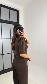 Acı Kahve Gold Düğmeli Balon Kol Ceket Beli Lastikli Pantolon Kumaş Takım GAUS-00748GAUSTAKIMGAUS-00748