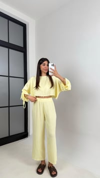 Sarı Kol Büzgülü Crop Beli Lastikli Pantolon Tasarım Müslin Takım Gaus00581GausTAKIMGU1002355
