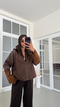 Kahve Kapüşonlu Kadife Kol Detaylı Hırka Beli Lastikli Pantolon İkili Modal Takım GAUS-02060GAUSTAKIMGAUS-02060