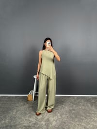 Cactos Haki Keten Asimetrik Kesim Sıfır Kol Bluz Pantolon İkili Takım  GausTAKIMGU008595