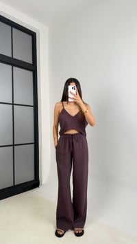 Mürdüm Ayarlanabilir Askılı Bluz Beli Lastikli Pantolon Tencel Takım GAUS-0015GAUSTAKIMGAUS-0015