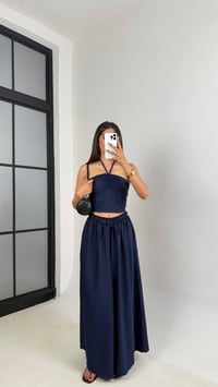 Lacivert Boyundan Bağlamalı Beli Lastikli Crop Kuşaklı Cepli Pantolon Çilek Kumaş Takım Gaus00659GausTAKIMGU1002526