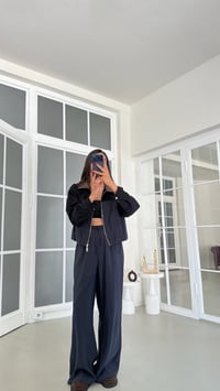 Lacivert İPKYL Deri Yakalı Astarlı Denim Detaylı Ceket Beli Lastikli Pantolon İkili Tencel Takım GAUS-01842GAUSSuitsGAUS-01842