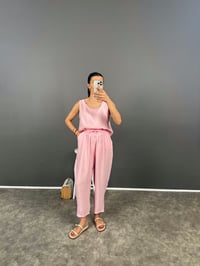 Viro Şeker Pembe İthal Kumaş Harem Pantolon Bluz İkili TakımGausTAKIMGU008266