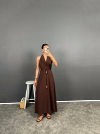 Aren Kahve Boyundan Geçirmeli Uzun Keten Elbise GausELBİSEGU008639