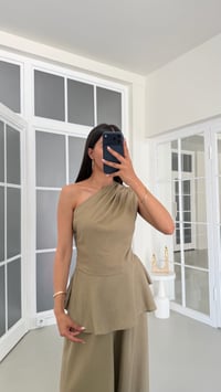 Haki Tek Omuz Bluz Beli Lastikli Şalvar Pantolon İkili Keten Takım GAUS-01776GAUSTAKIMGAUS-01776