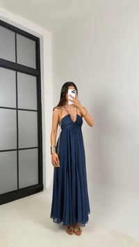 Lacivert Beyaz Puantiyeli Dekolteli Astarlı Şifon Elbise Gaus00578GausELBİSEGU1002348