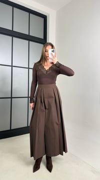 Kahve Beli Lastikli Tasarım Etek Pantolon GAUS-00994GAUSPANTOLONGAUS-00994