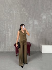 Diana Haki Fiyonk Düğmeli Astarlı Yelek Pantolon İkili Premium TakımGausTAKIMGU100234