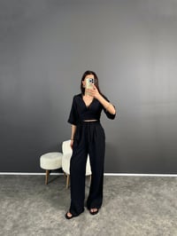 Siyah Müslin Kumaş Bağlama Detaylı Pantolon TakımGausTAKIMGU007936