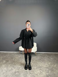 Anis Premium Siyah Çizgili Bağlamalı Astarlı Blazer Ceket GausCEKETGU004331