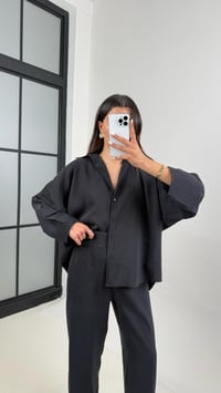 Siyah Önü Düğmeli Gömlek Beli Lastikli Cepli Pantolon MD Muadil Tencel Takım TNCL01 Gaus00390GausTAKIMGU1001913
