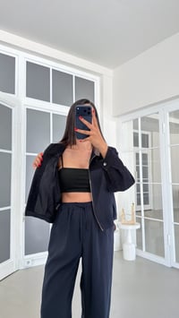 Lacivert İPKYL Deri Yakalı Astarlı Denim Detaylı Ceket Beli Lastikli Pantolon İkili Tencel Takım GAUS-01842GAUSSuitsGAUS-01842