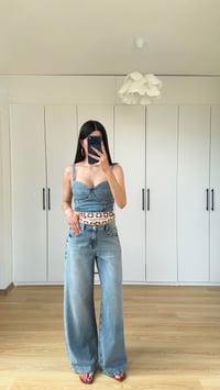 Mavi Nakış Detaylı Crop Pantolon İkili Denim Takım GAUS-01596GAUSTAKIMGAUS-01596