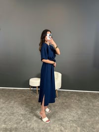 Gigi Lacivert Tensel Midi Boy Kuşaklı ElbiseGausELBİSEGU004652