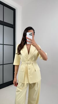 Sarı Yarım Kol Astarlı Vatkalı Kemerli Ceket Pantolon İkili Premium Takım Gaus00453GausTAKIMGU1002057