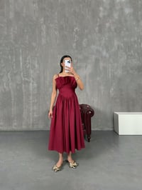 Vanda Bordo Yaka Volanlı Keten Görünümlü ElbiseGausELBİSEGU100687