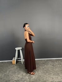 Aren Kahve Boyundan Geçirmeli Uzun Keten Elbise GausELBİSEGU008639