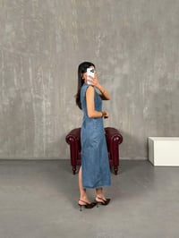 Odin Mavi Sıfır Kol Fermuarlı Yırtmaçlı Denim ElbiseGausELBİSEGU100915