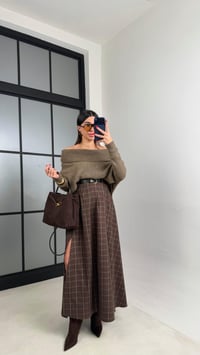 Yeşil Kahve Yırtmaçlı Kemerli Ekose Desenli Etek GAUS-01065GAUSETEKGAUS-01065