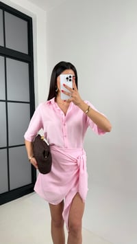 Pembe Önü Düğmeli Gömlek Beli Bağlama Detaylı Etek Keten Takım Gaus00459GausTAKIMGU1002071