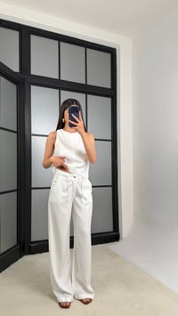 Beyaz Fermuarlı Bluz Beli Kuşaklı Pantolon İkili Denim Takım GAUS-01379 GAUS-01512GAUSTAKIMGAUS-01512