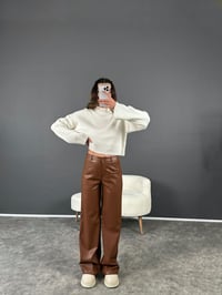 Kahverengi Ön Cepli Şardonlu Deri PantolonGausPANTOLONGU002892