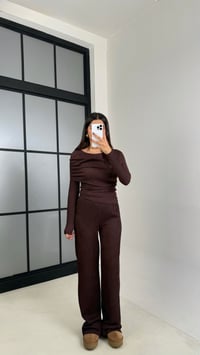 Kahve Yaka Detaylı Bluz Beli Lastikli Pantolon Gofre Kumaş Takım GAUS-00229GAUSTAKIMGAUS-00229