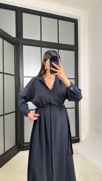 Lacivert Beli Lastikli Kuşaklı Tencel Elbise GAUS-01286GAUSELBİSEGAUS-01286