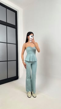 Su Yeşili Flare Jean Straplez Crop Volanlı Tasarım Takım Gaus00400GausTAKIMGU1001940