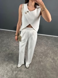 ZR Ekru Asimetrik Kesim Gold Düğme Detaylı Pantolon TakımGausTAKIMGU004595