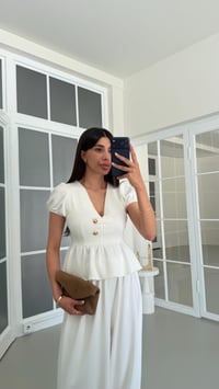 Ekru Gold Düğme Detaylı Peplum Bluz Beli Lastikli Şalvar Pantolon İkili Modal Takım GAUS-01673GAUSTAKIMGAUS-01673