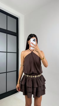 Kahve Boyundan Bağlamalı Katlı Tasarım Mini Elbise GAUS-0040GAUSELBİSEGAUS-0040