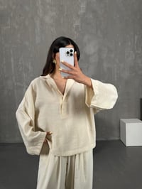 Taş Yarım Düğmeli Gömlek Beli Lastikli Pantolon Tensel Takım Gaus00133GausTAKIMGU1001301
