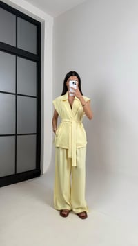 Sarı Cepli Kuşaklı Yelek Beli Lastikli Pantolon Tencel Takım Gaus00433GausTAKIMGU1002006