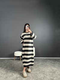 Hedy Gri Çizgili Oversize Uzun Triko ElbiseGausELBİSEGU004154