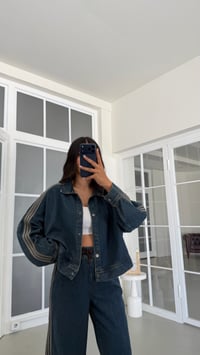 Gri Şerit Detaylı Ceket Beli Lastikli Pantolon İkili Denim Takım GAUS-02094GAUSTAKIMGAUS-02094