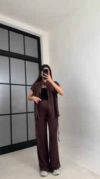 Kahve Beli Lastikli Hırka Pantolon Taşlı Modal Takım GAUS-01064GAUSTAKIMGAUS-01064