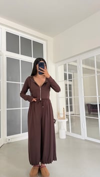 Kahve Kapüşonlu Hırka Beli Lastikli Geniş Paça Pantolon İkili OYS Modal Kumaş Takım GAUS-02152GAUSSuitsGAUS-02152