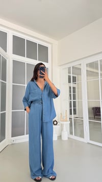 Mavi Gömlek Beli Lastikli Pantolon İkili Tencel Denim Takım GAUS-01791GAUSTAKIMGAUS-01791