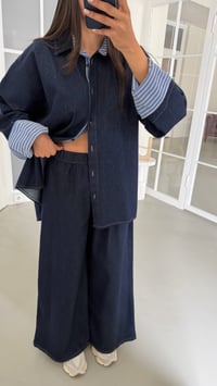 Lacivert Çizgi Detaylı Gömlek Geniş Paça Pantolon İkili Denim Takım GAUS-02041GAUSTAKIMGAUS-02041