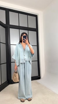 Açık Mavi Yarasa Kol Gömlek Beli Lastikli Pantolon Tencel Denim Takım GAUS-01539GAUSSuitsGAUS-01539